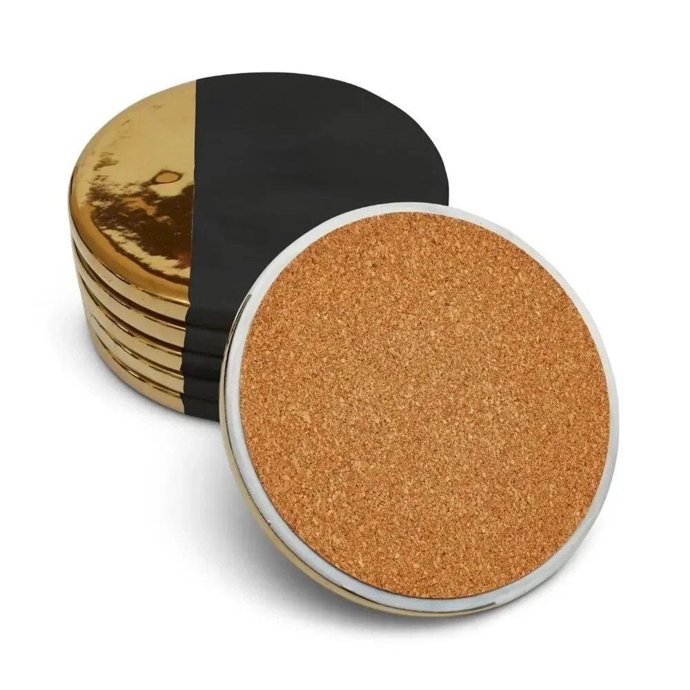Luxury Black Marble Abstract Gold Accent Round Beverage Coasters - Set Of 6